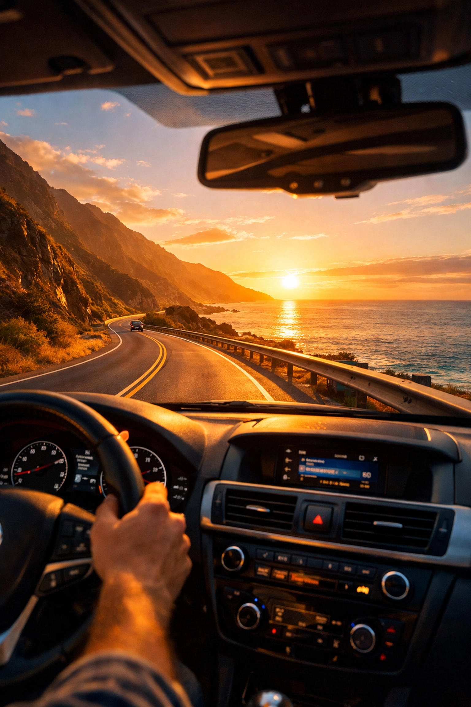 Scenic coastal highway drive during summer vacation road trip at sunset