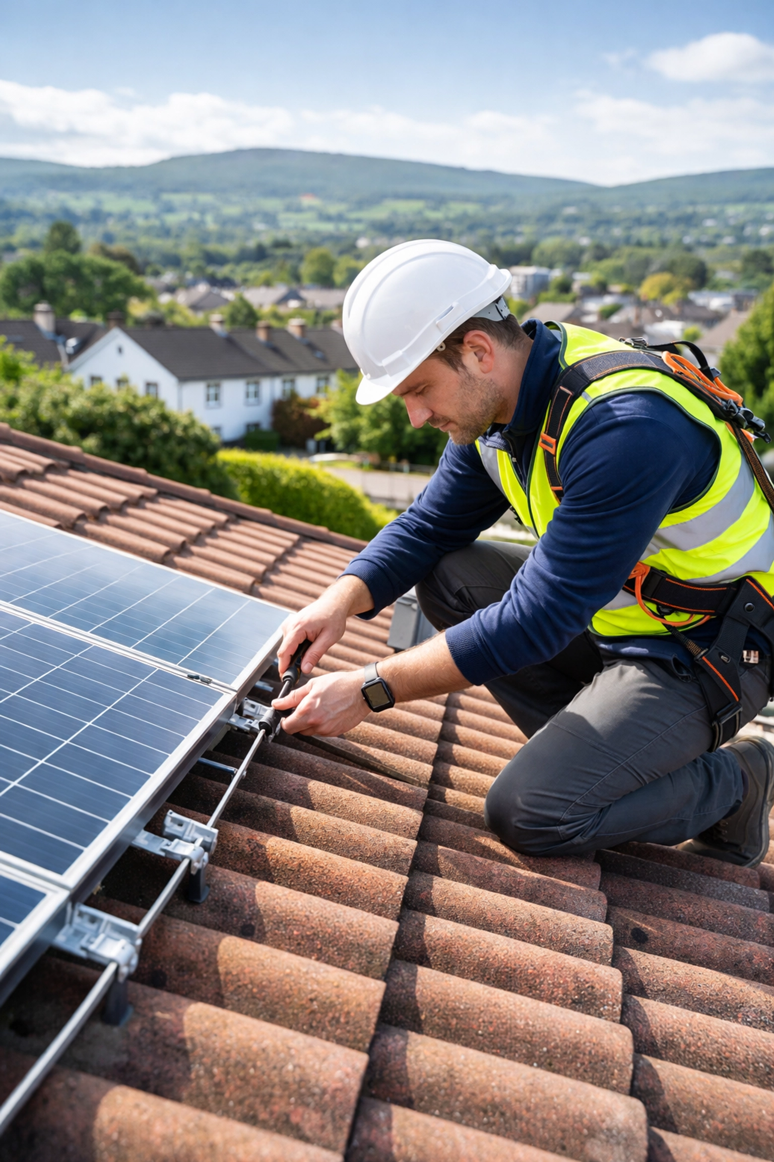 Roof surveyor inspecting solar panel mounts on a residential roof in Northern Ireland