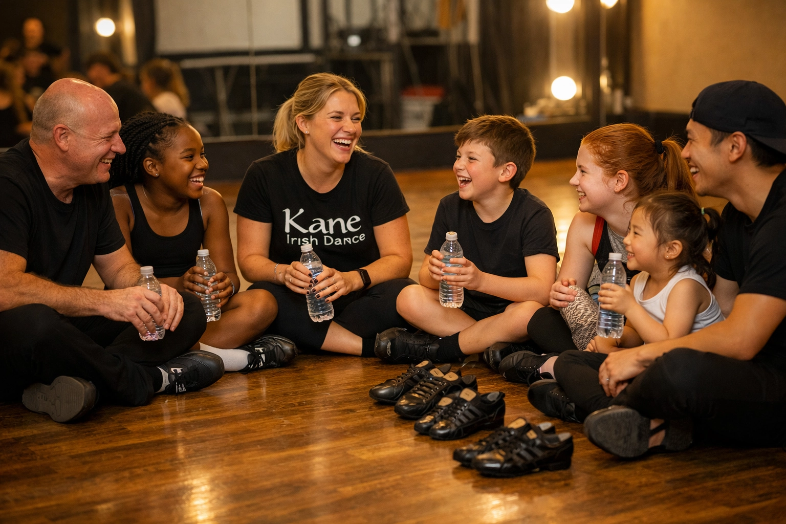 A diverse group of dancers laughing together, perfect for those starting Irish dance for beginners.