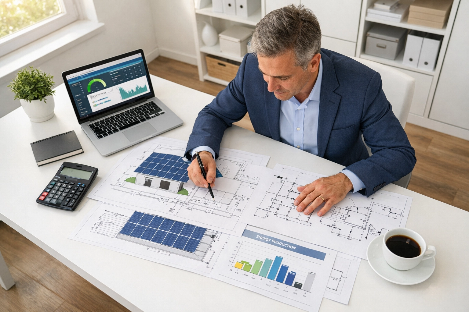 Small business owner reviewing solar panel installation plans and tax credit calculations