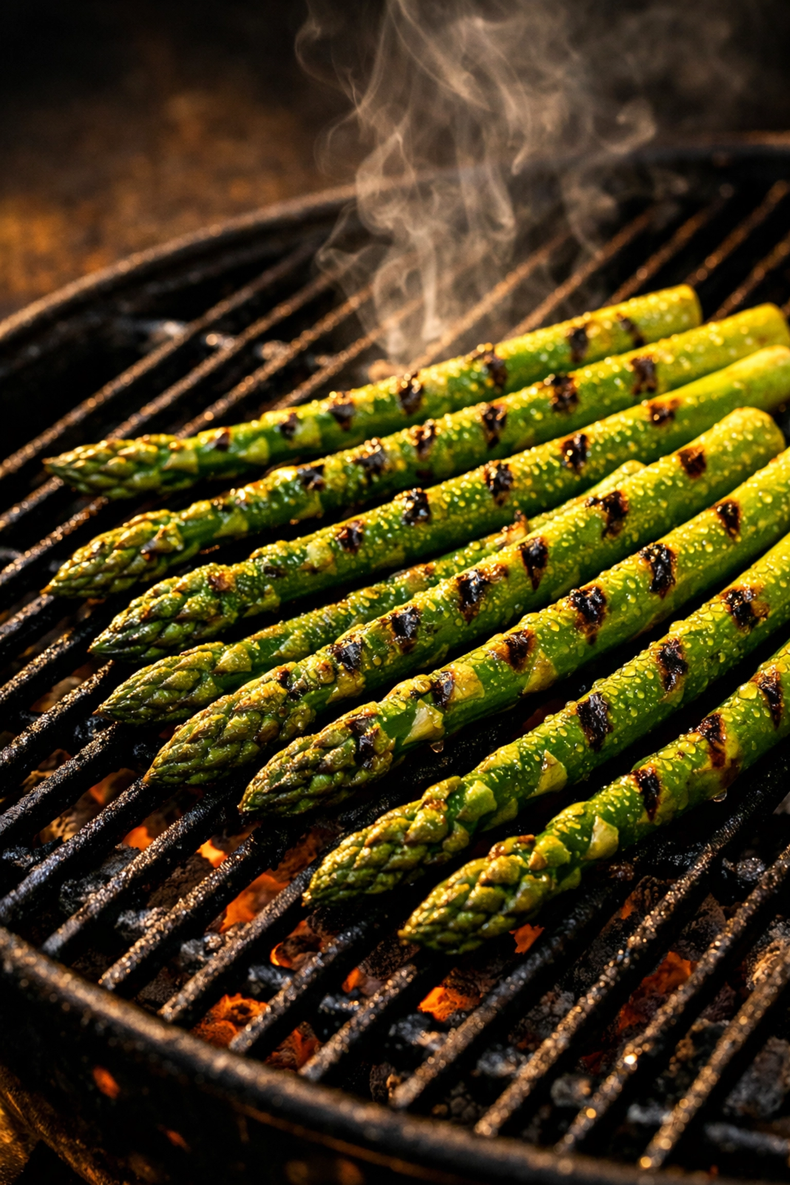 Grüner Spargel auf dem Grill mit Röstaromen und Grillstreifen