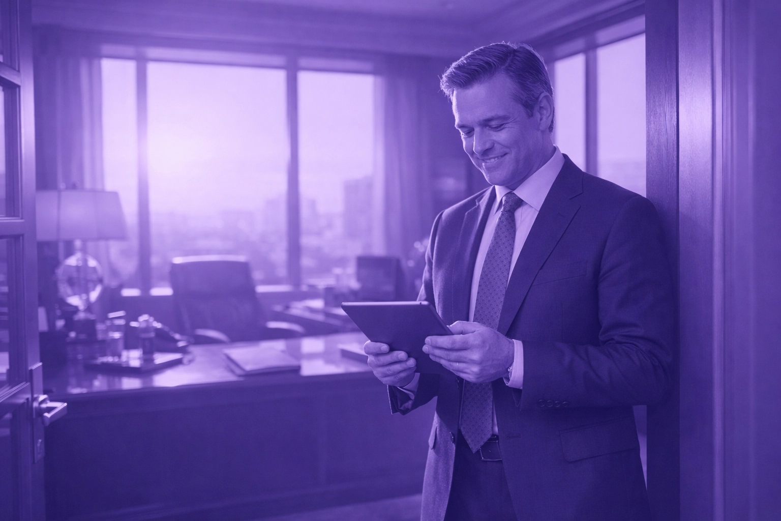 Law firm partner reviewing pre-qualified high-value leads on a tablet in the morning.