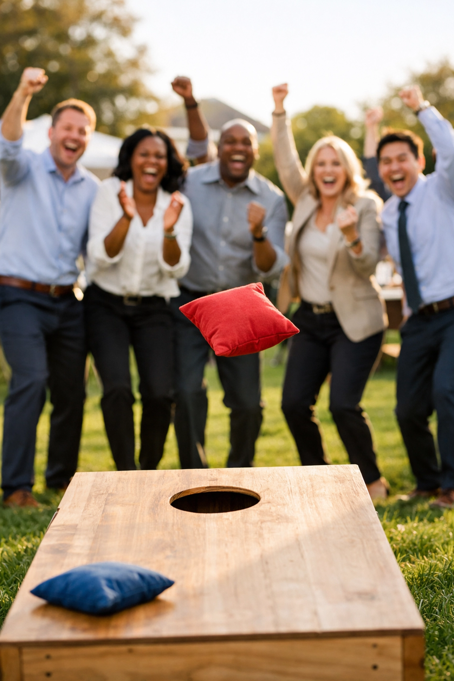 Corporate team playing cornhole at outdoor giant games hire event