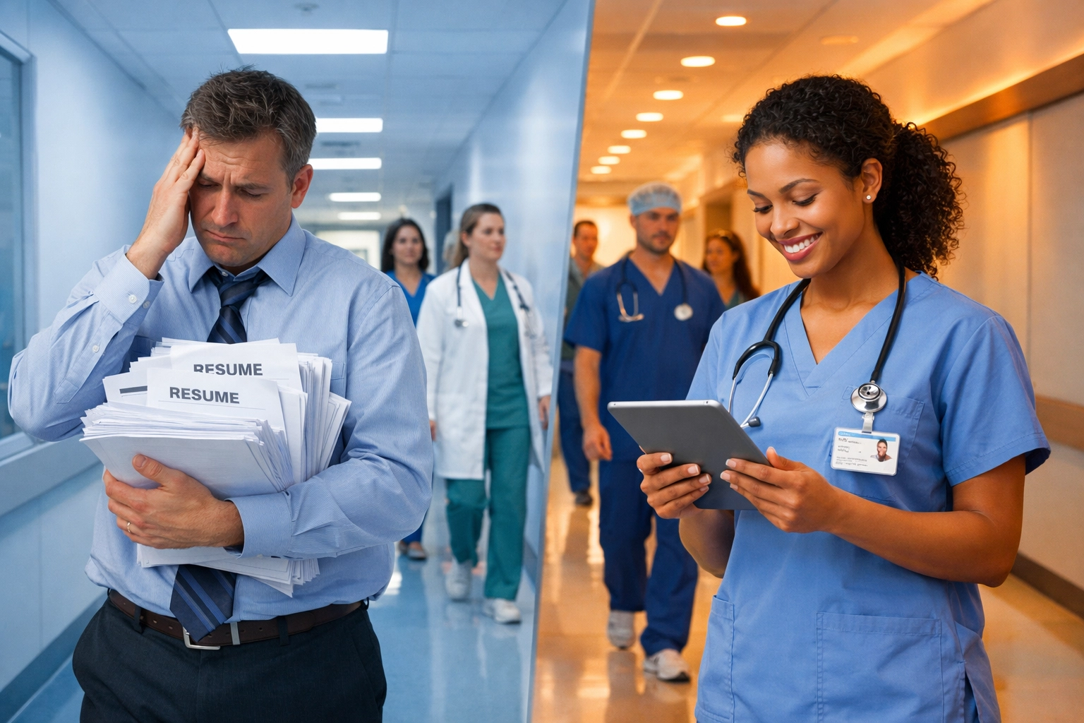 Traditional healthcare staffing with paper resumes vs modern AI-powered digital staffing solutions