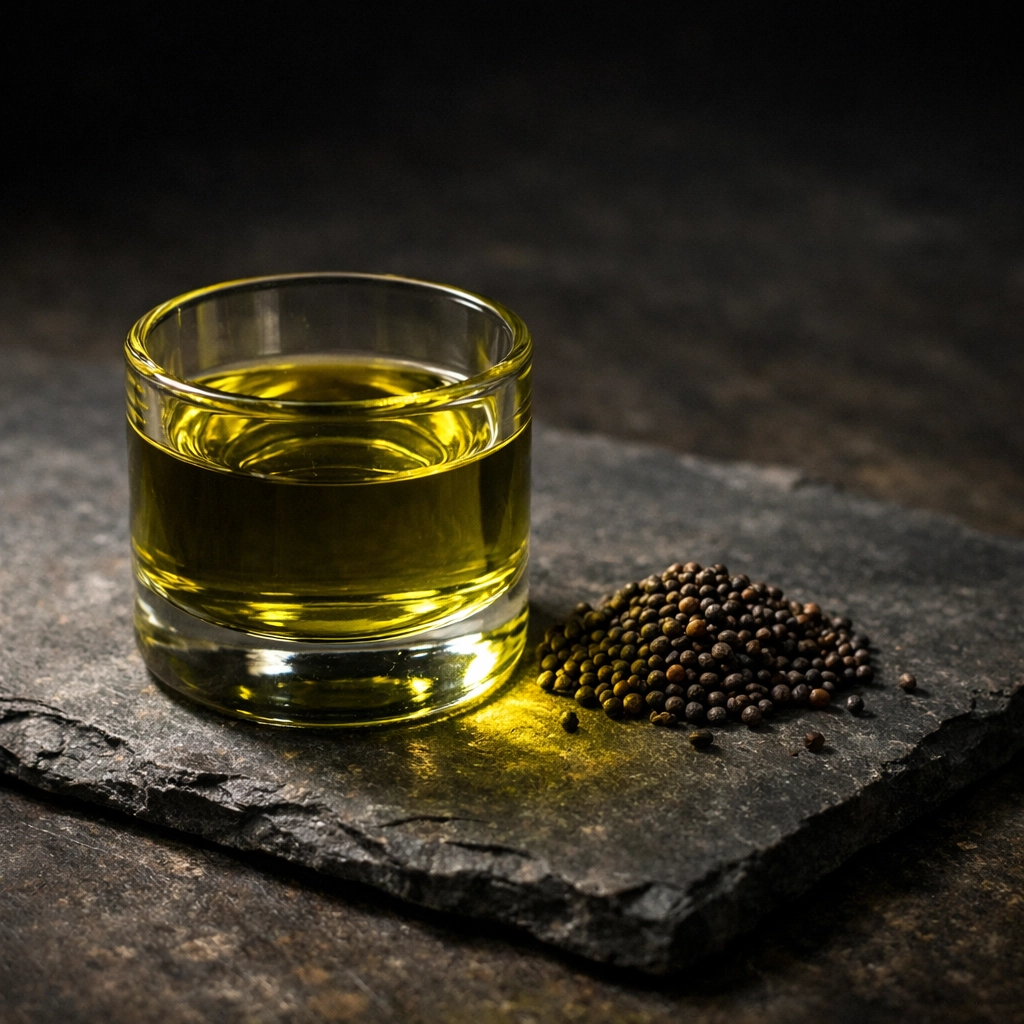 Cold-pressed broccoli seed oil in a glass vessel with raw seeds for natural beard nourishment.