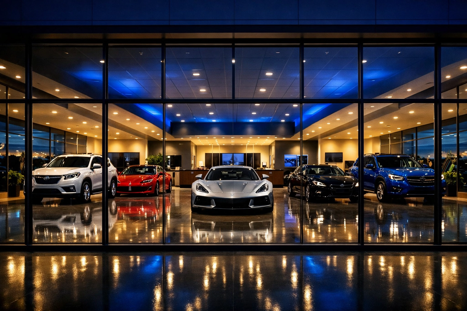Spotless auto showroom at night with perfectly polished floors and bright display cars.