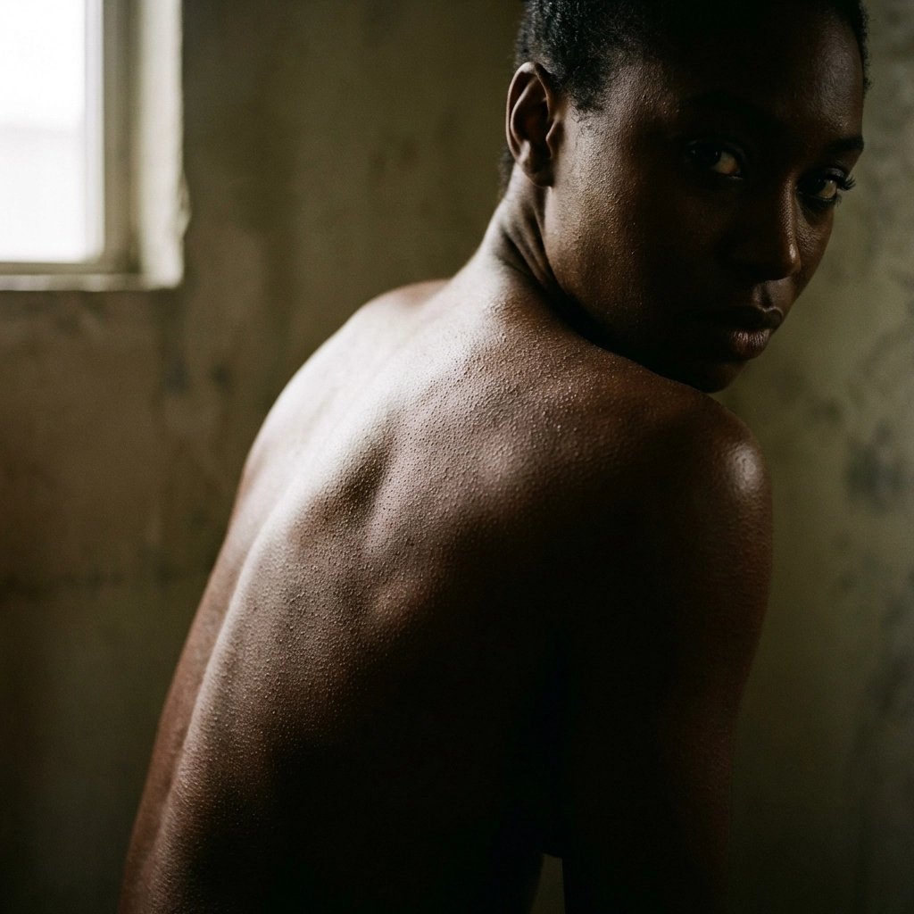 Erotic photography highlighting detailed skin texture and back curves with cinematic chiaroscuro lighting.