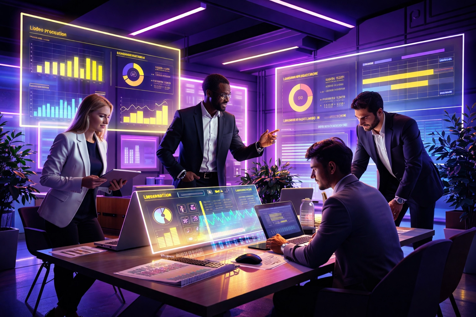 Business team using AI-powered digital marketing tools for SEO and video production