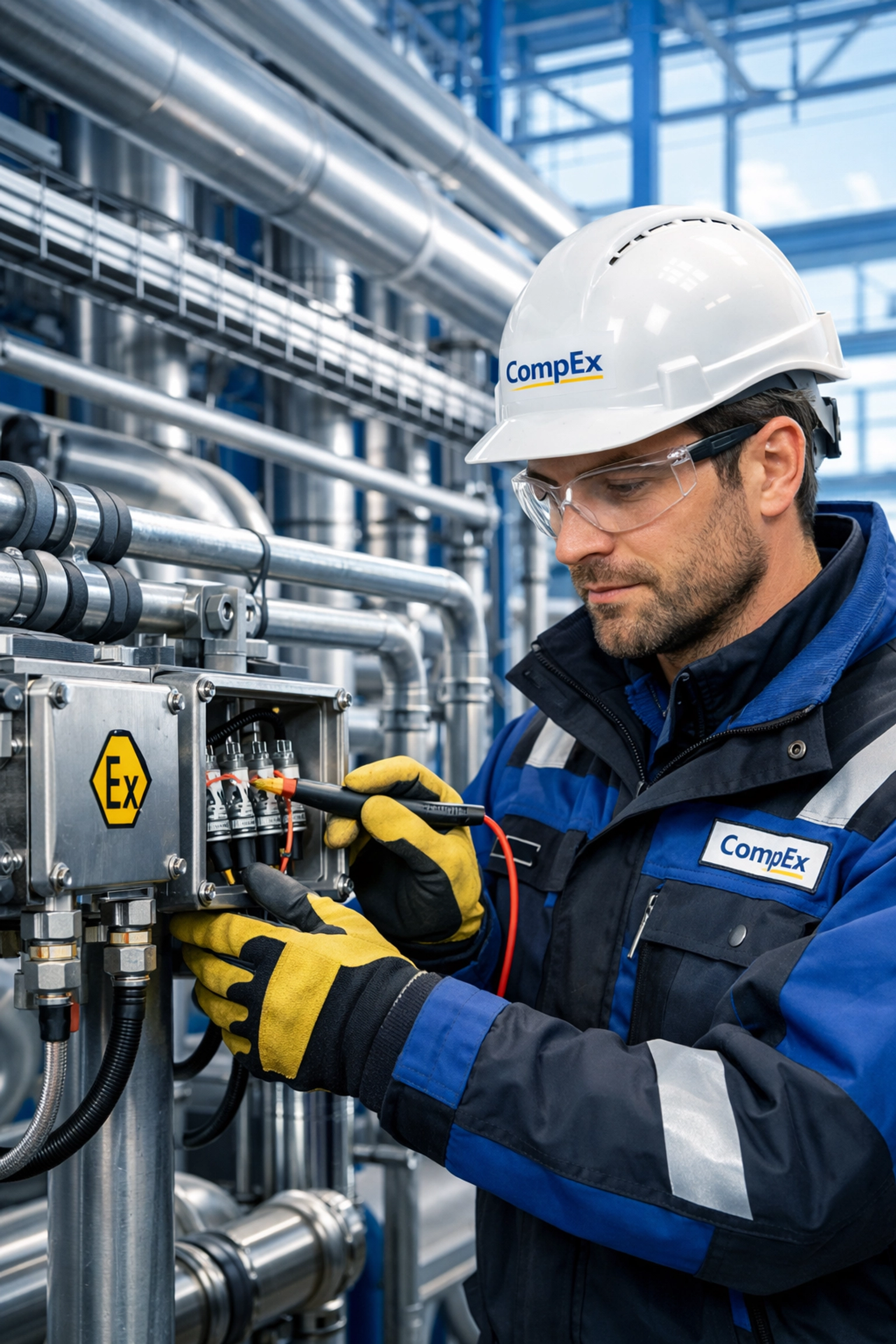 CompEx certified electrician inspecting hazardous area electrical equipment during a 2026 industrial shutdown.