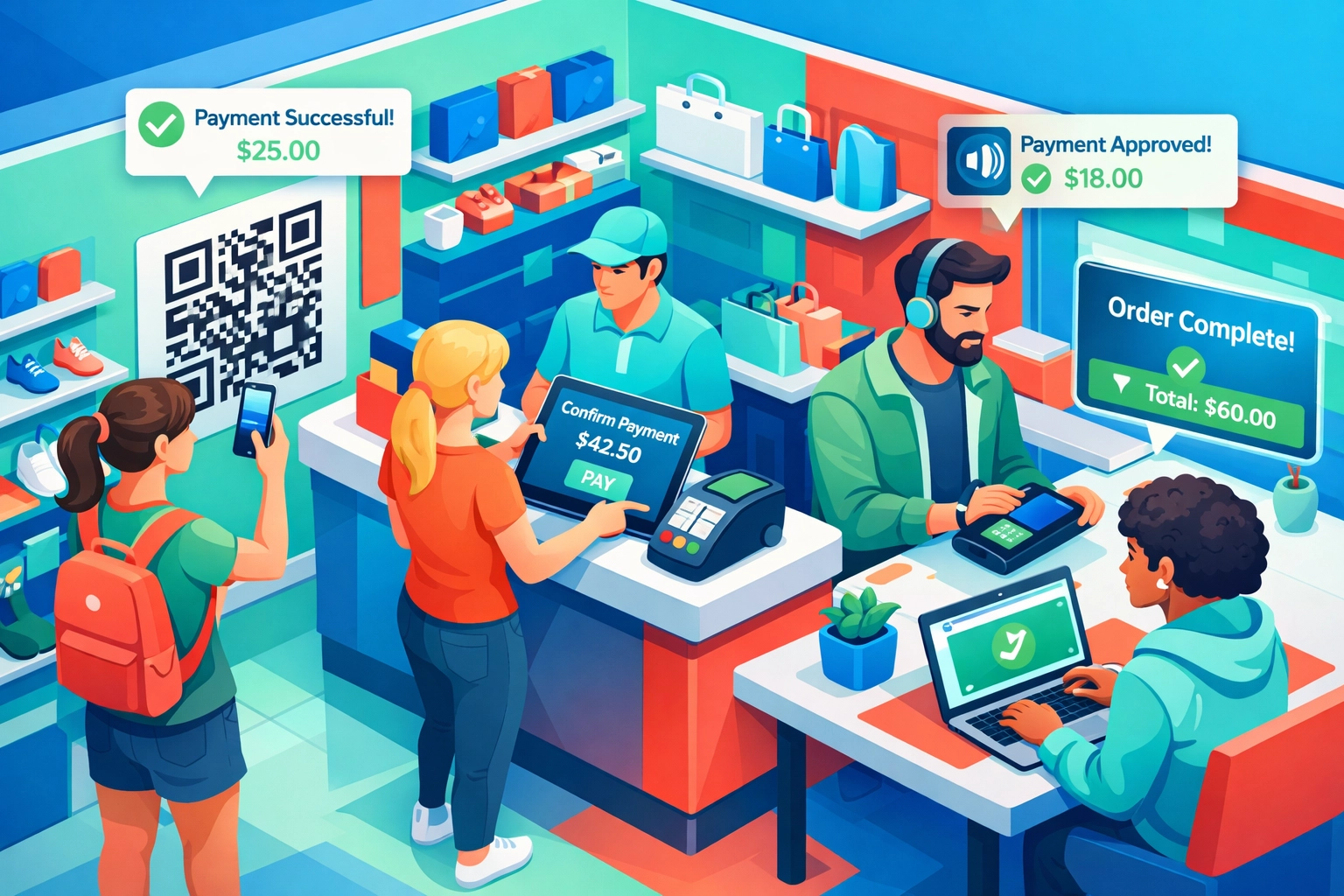 Small business accepting crypto payments through multiple methods including QR codes and mobile devices