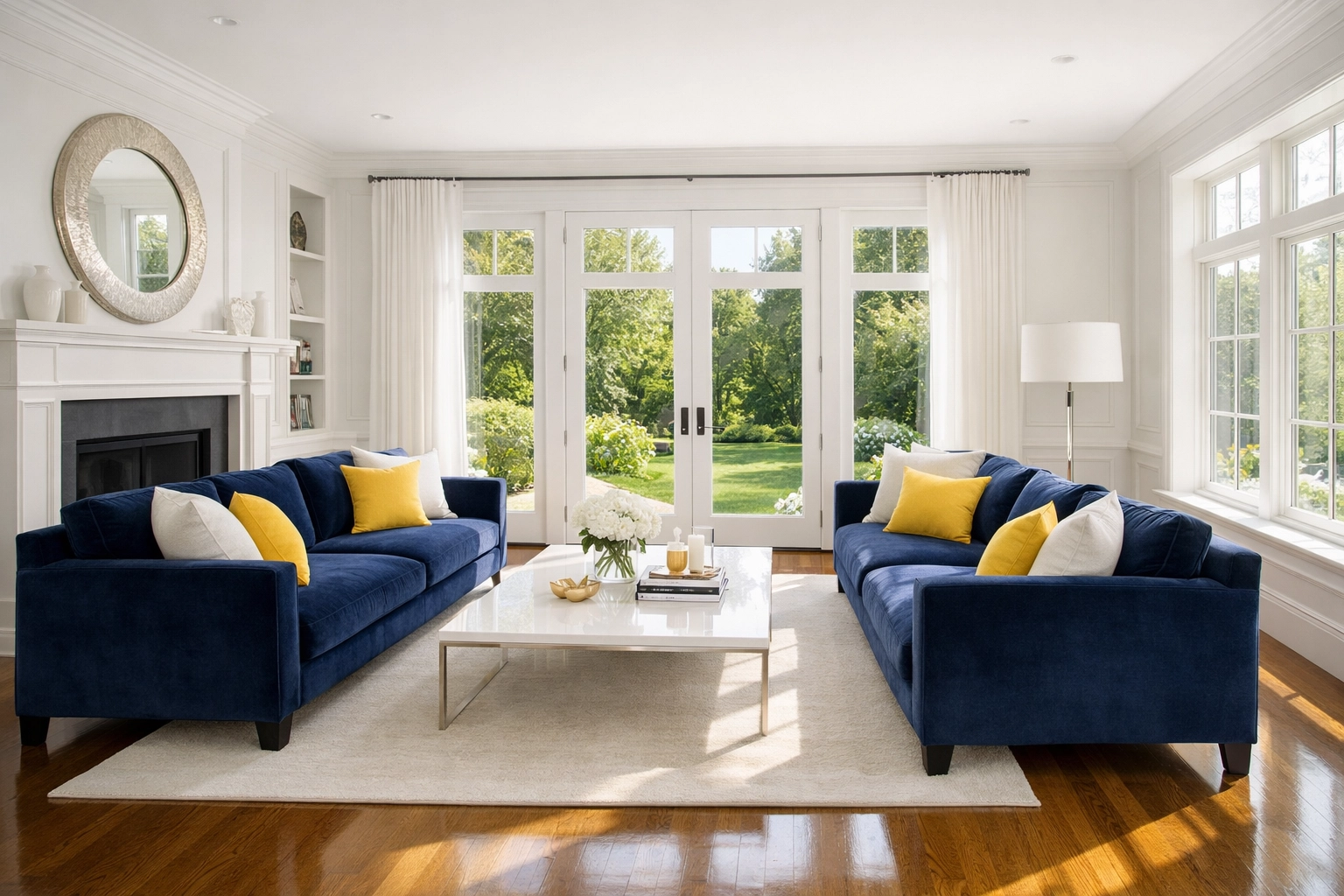 Sun-drenched, stress-free Massachusetts living room kept pristine by professional house cleaning services MA.