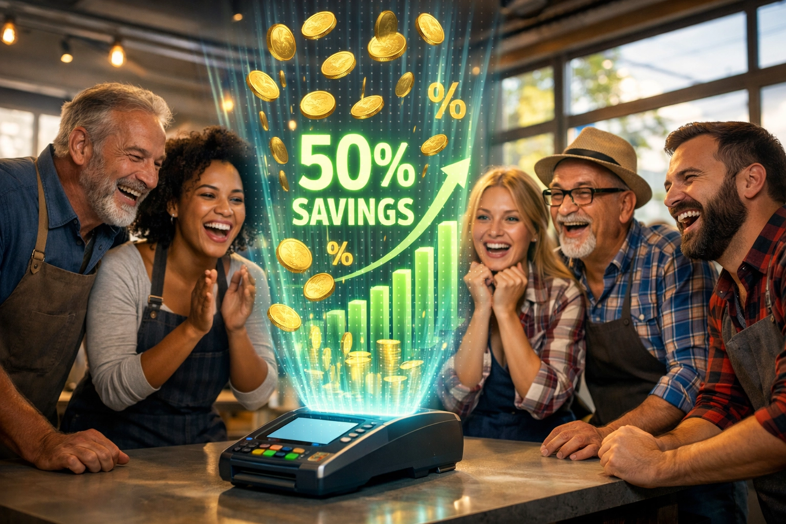 Merchants viewing real-time crypto payment analytics showing transaction savings and business growth metrics