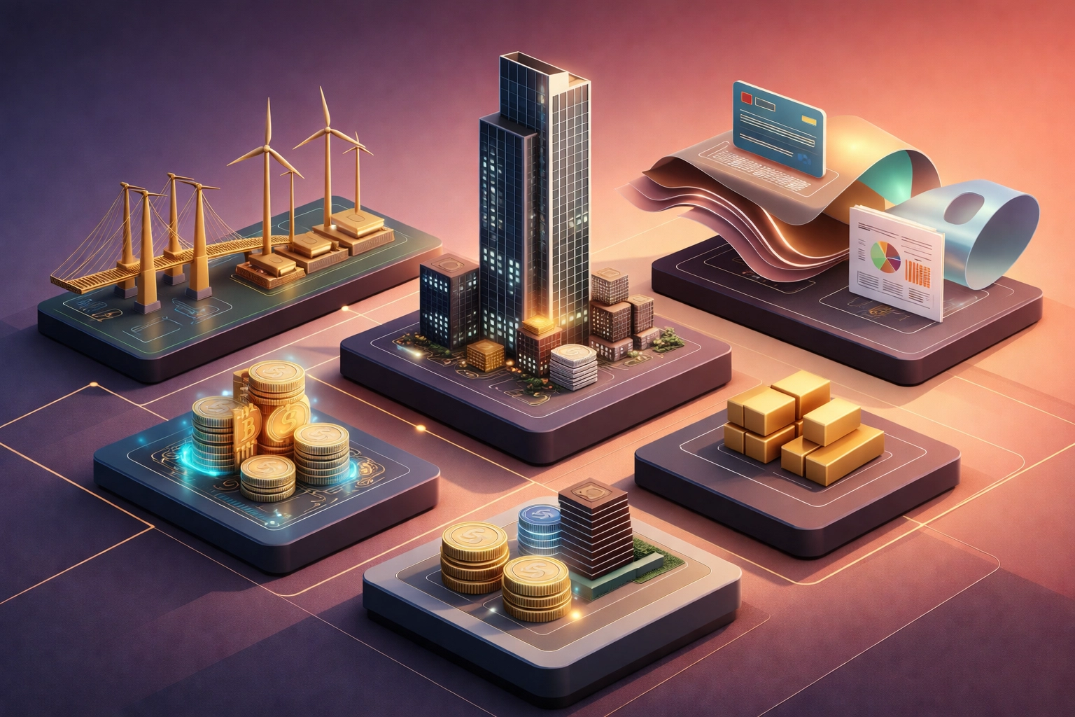 Diverse investment platforms featuring real estate, infrastructure, credit instruments, and digital assets, highlighting the variety within alternative investments.