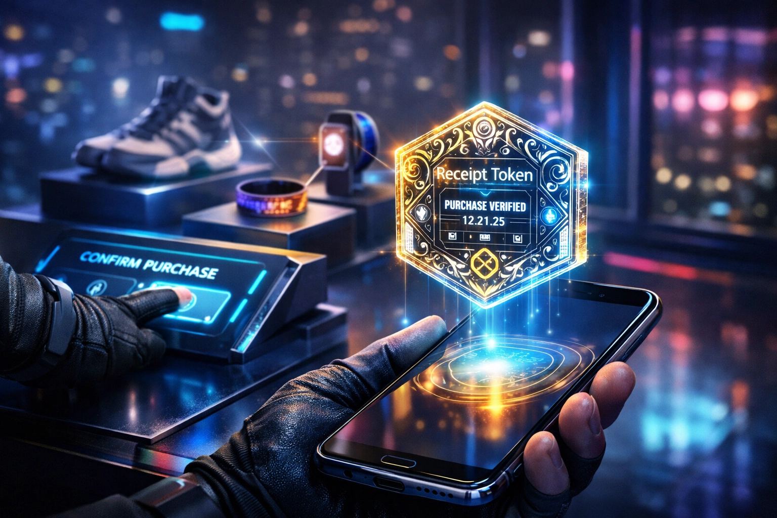 Digital NFT receipt token floating over a smartphone representing secure proof-of-purchase for Web3 crypto payments.