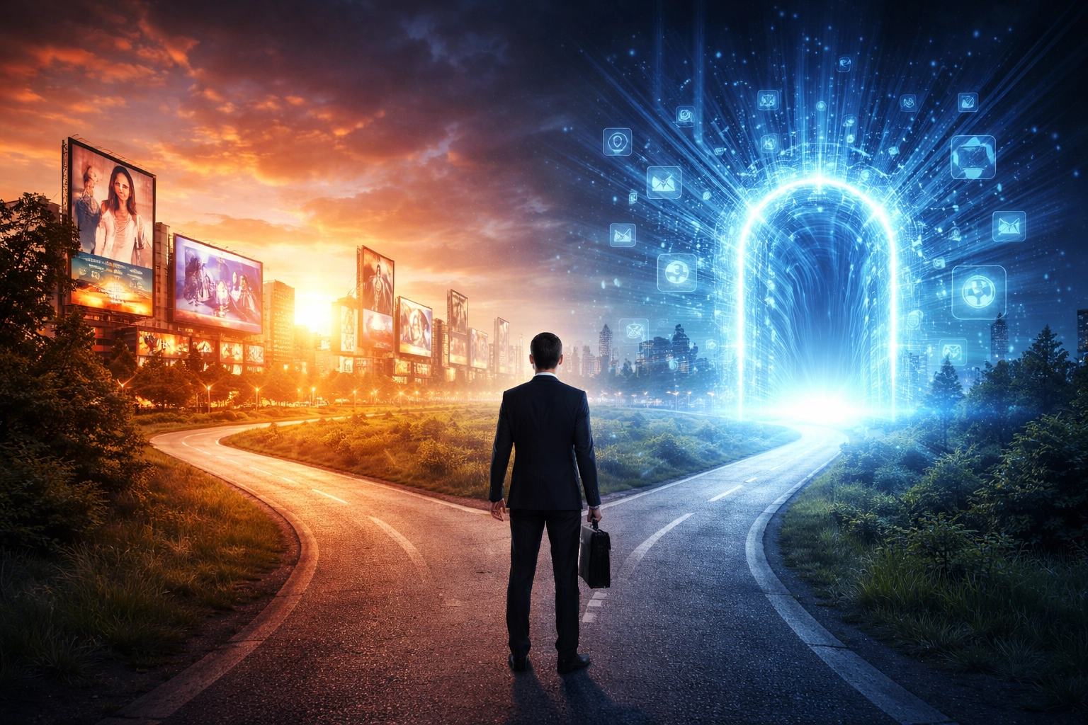 Représentation d'un dirigeant choisissant entre publicité traditionnelle et marketing digital axé intelligence artificielle.