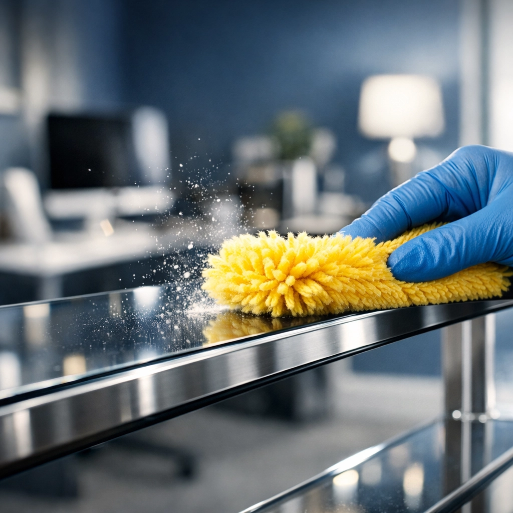 Hand dusting a modern shelf during a professional move-in/move-out cleaning Lowell MA service.