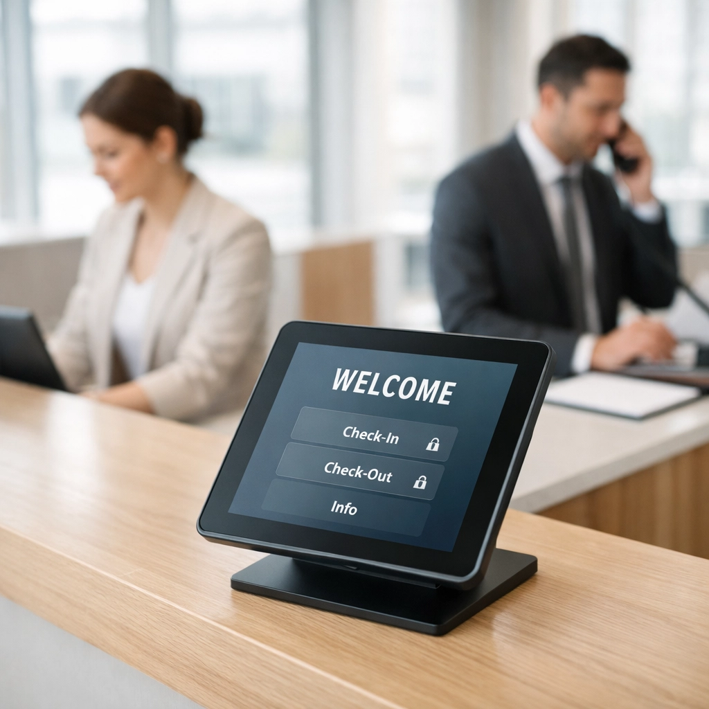 Modern hotel reception desk with self-check-in kiosk and digital hotel PMS system