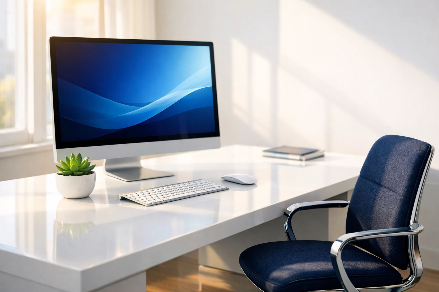 Sunlight reflecting off a perfectly clean white office desk in a Tewksbury workspace.