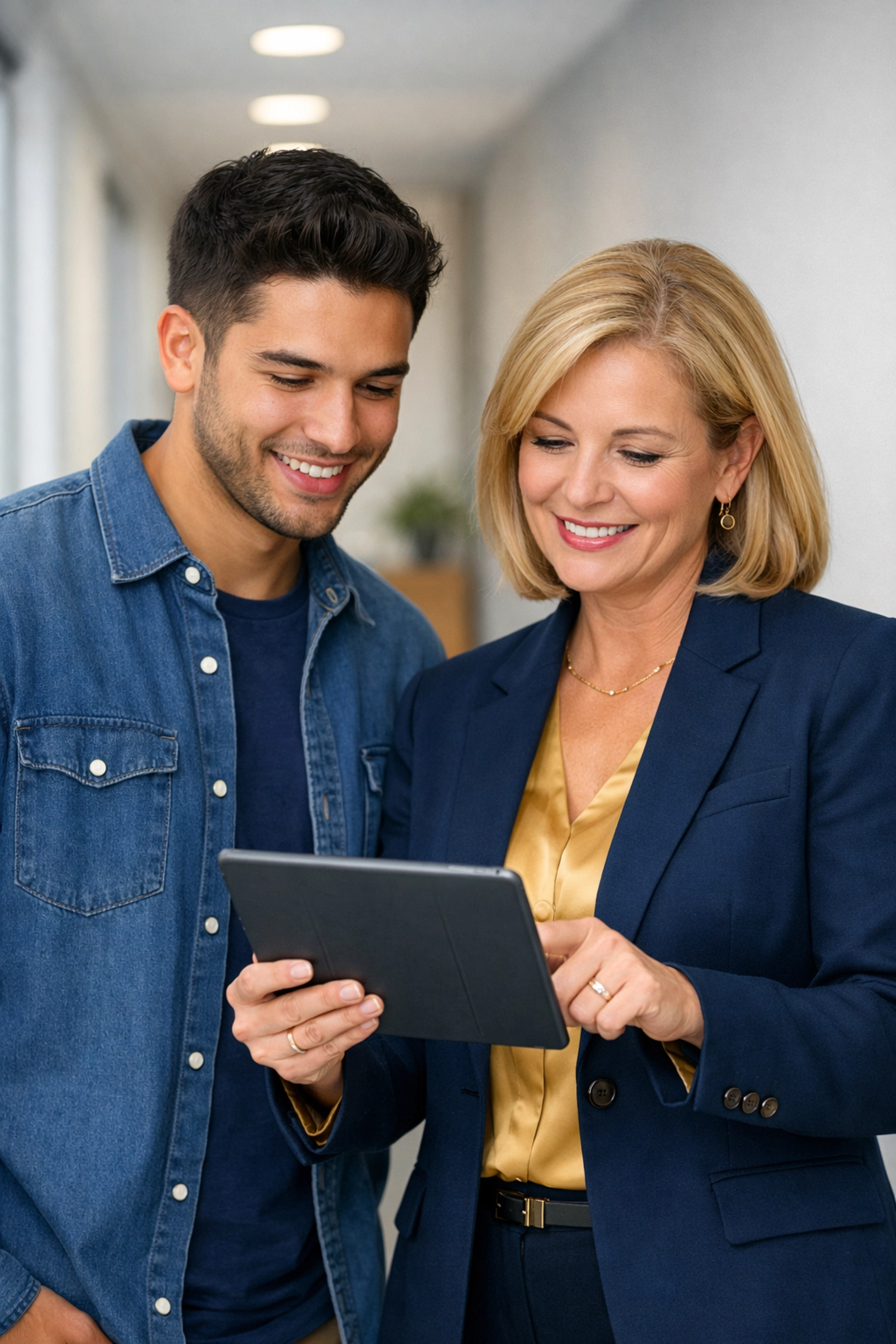 Diverse residents reviewing online payday loan no credit check options in Canada on a tablet.