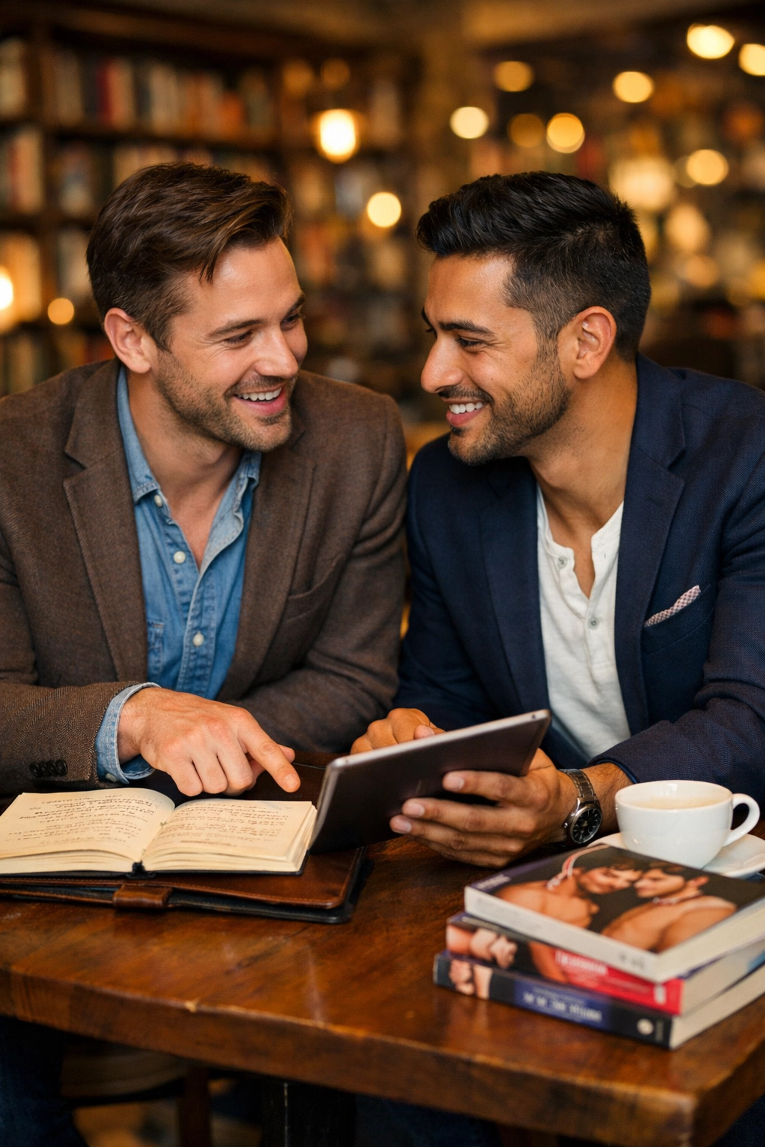 Gay professionals discussing career strategy and MM romance novels in an urban cafe setting.