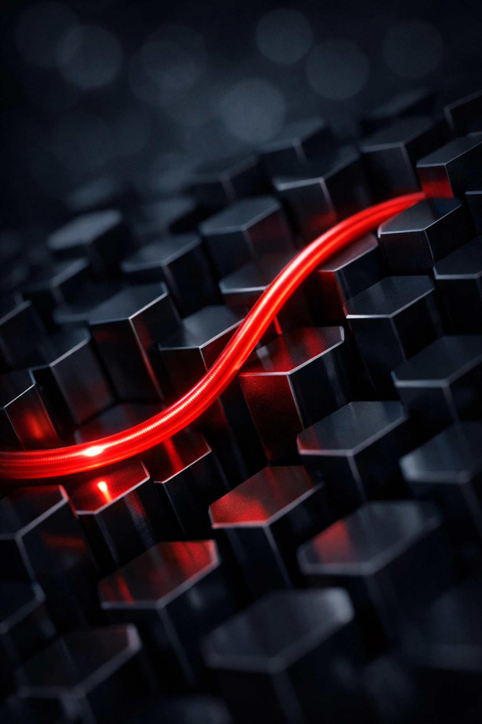 A red thread weaving through a dark digital lattice symbolizing strategic cybersecurity oversight.