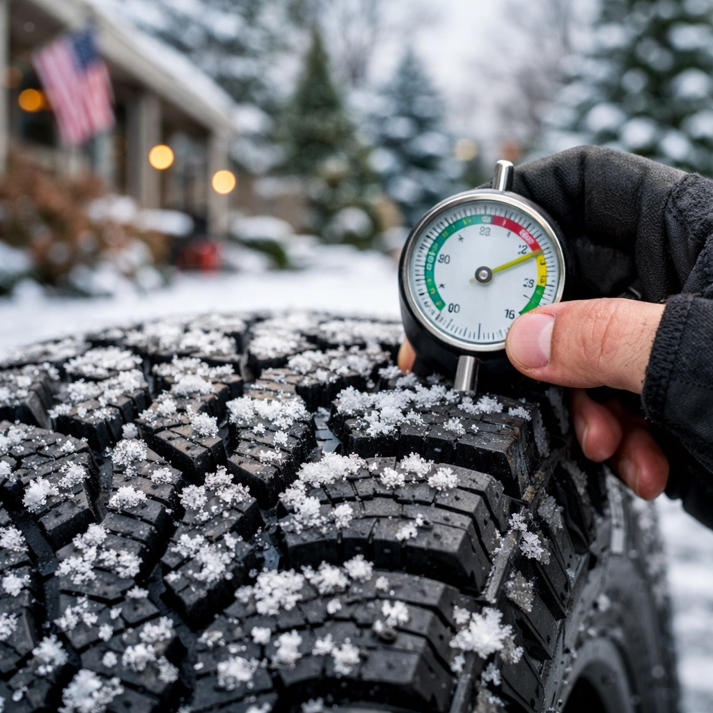 Professional technician checking winter tire tread depth for safe driving on snowy Green Bay roads.