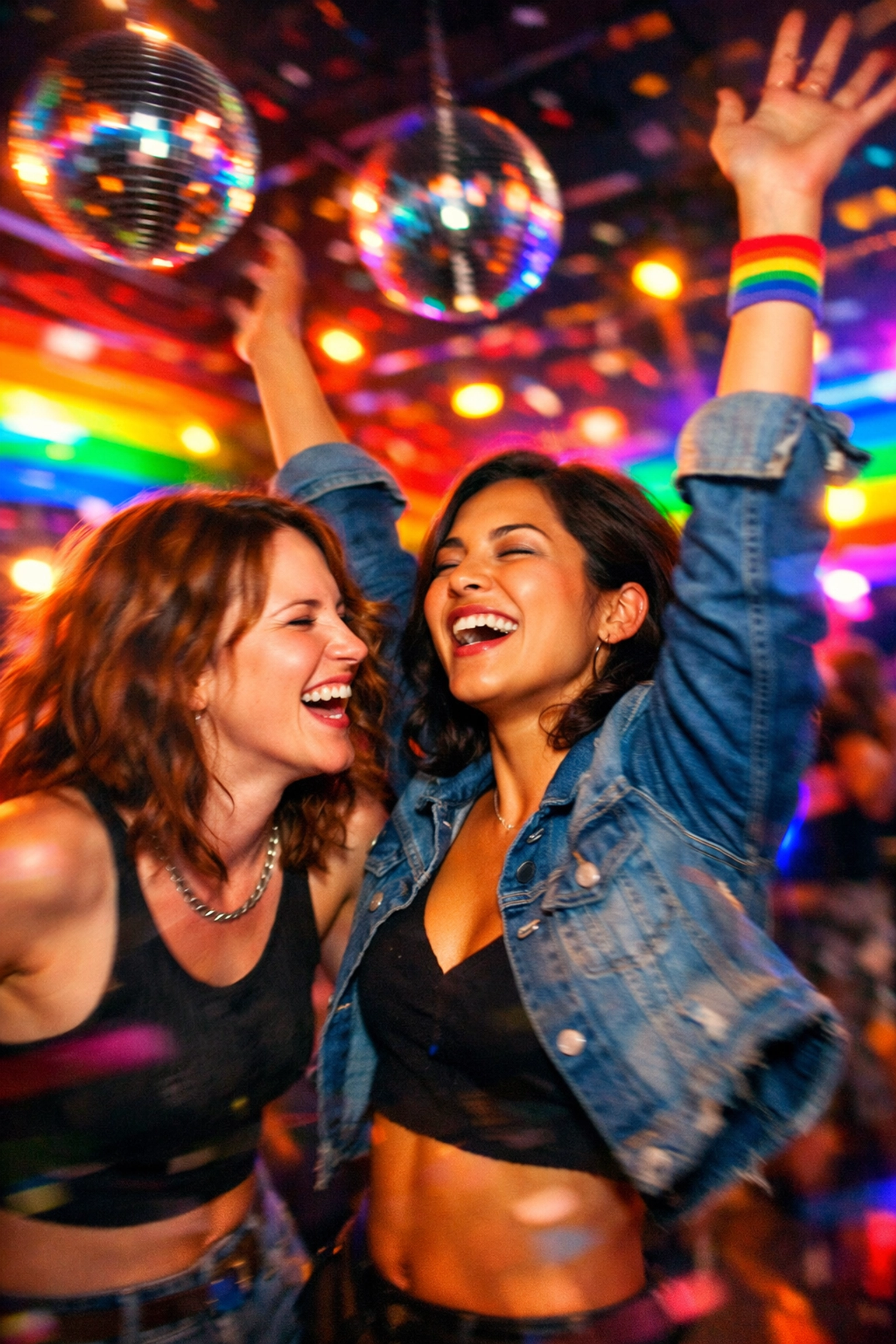 Two women celebrating together in gay nightclub representing queer liberation and joy