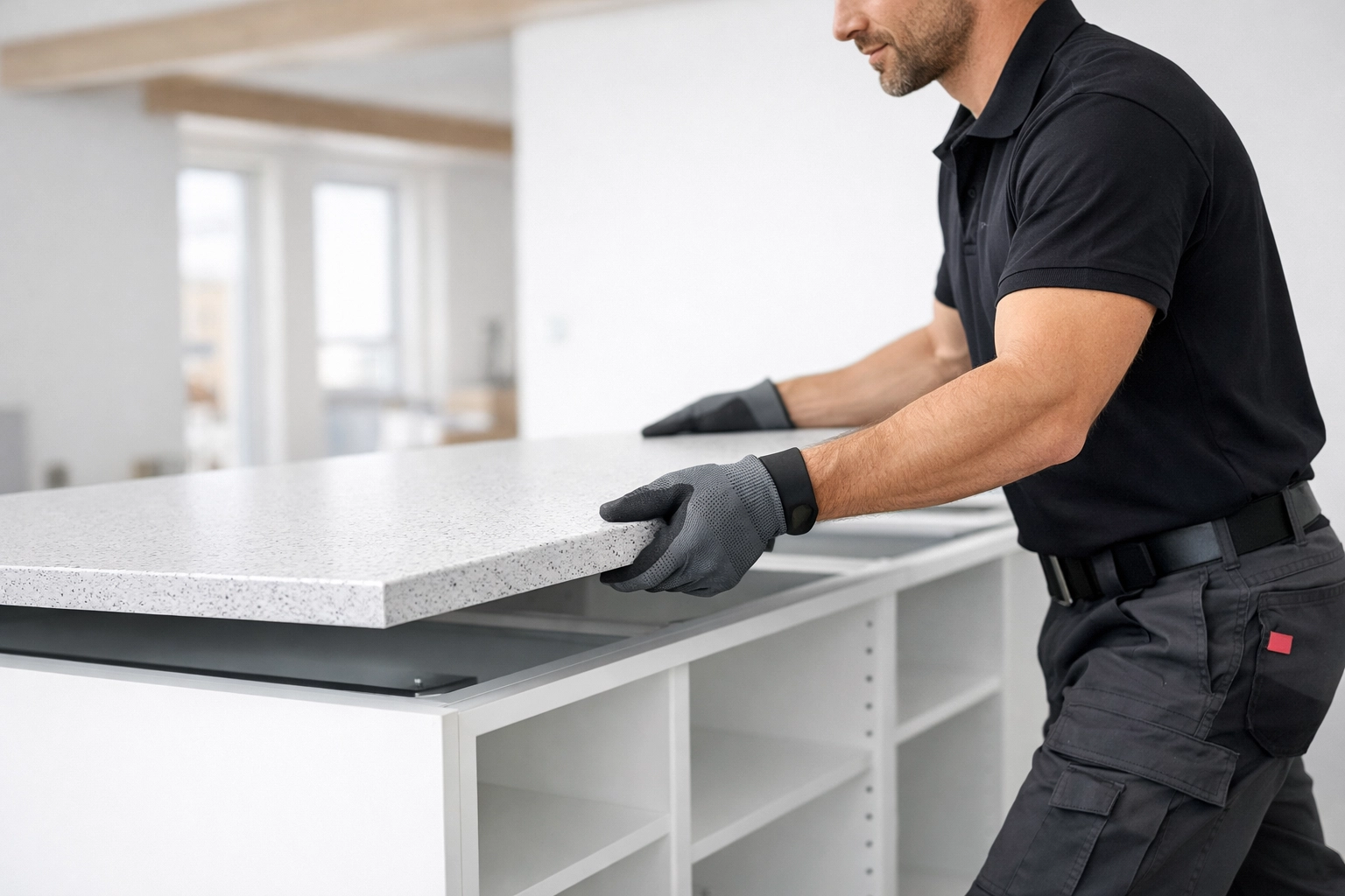 Professional installer fitting a lightweight, silica-free recycled plastic benchtop in a commercial office.