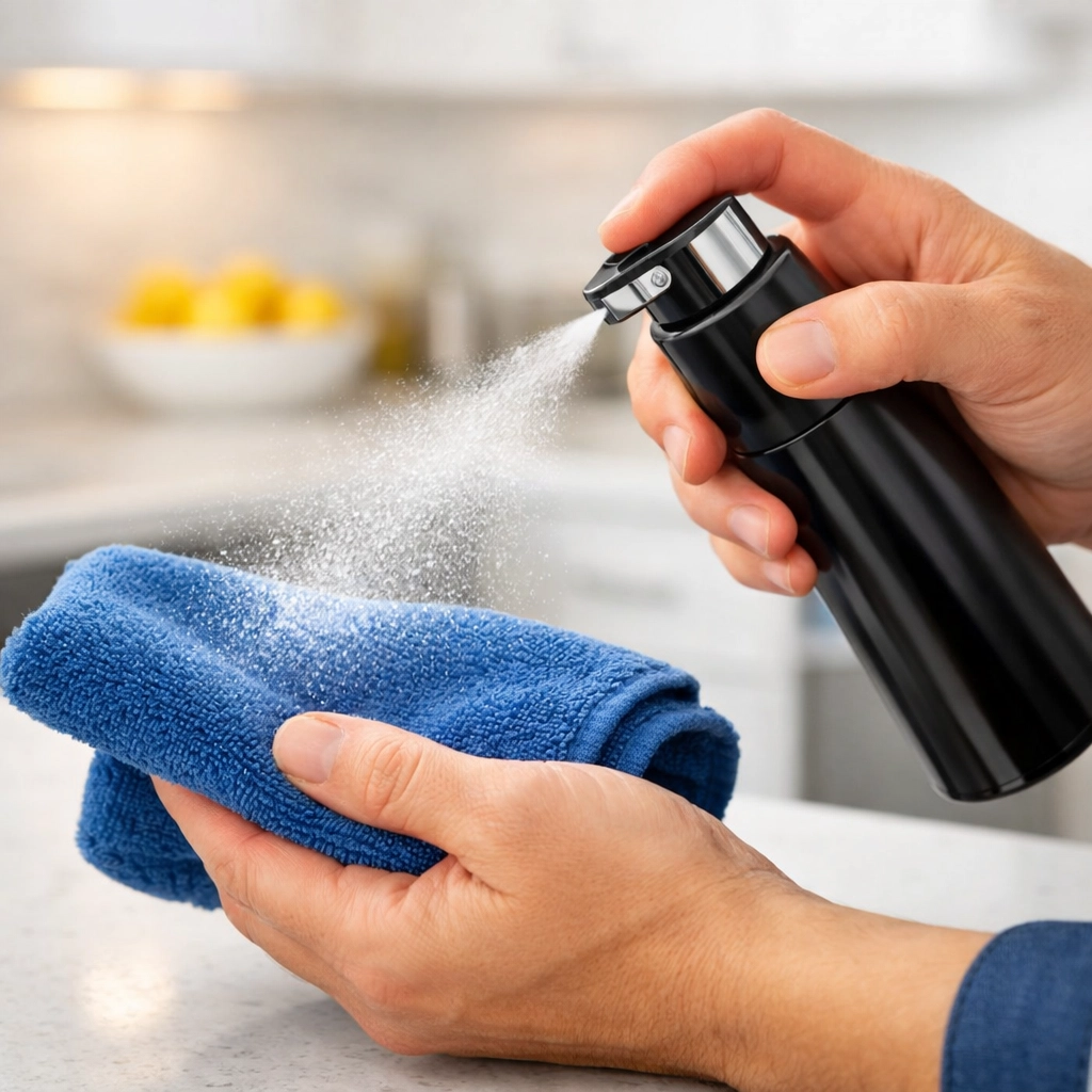 Hands spraying cleaning solution onto a microfiber cloth for house cleaning Lowell MA in a modern kitchen.