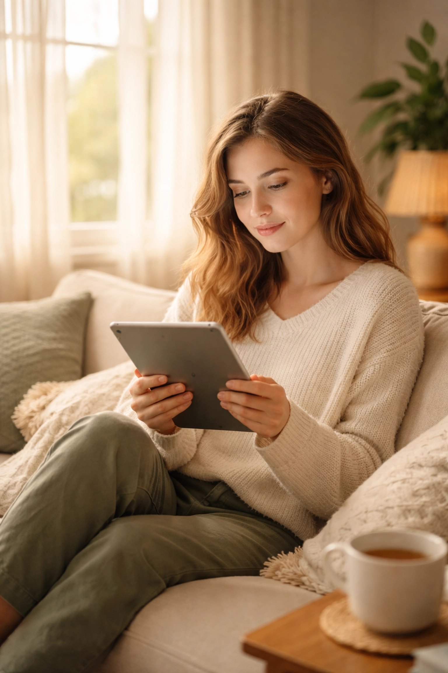 Michigan woman learning about surrogacy laws on a tablet in a bright living room, symbolizing research and clarity