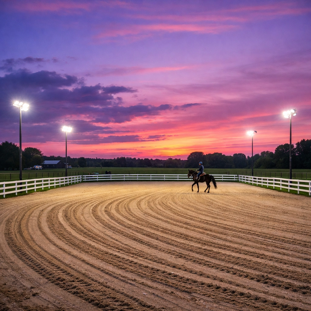 Lighted riding arena at horse farm in Waxhaw NC with professional sand footing and fencing