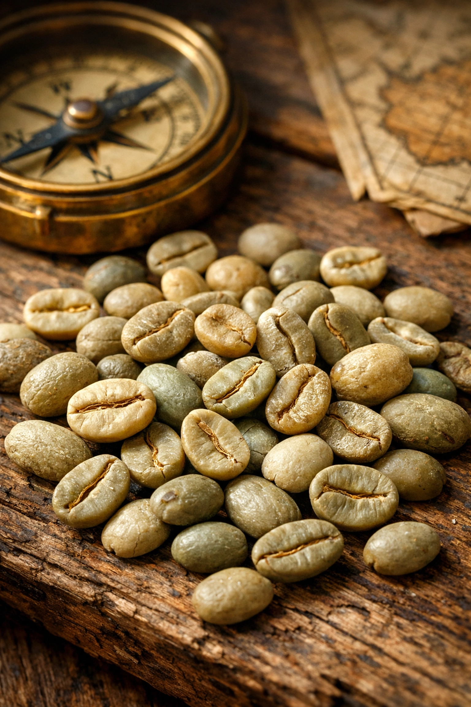 Raw green Arabica and Robusta coffee beans on a wooden table representing global trade and market prices.