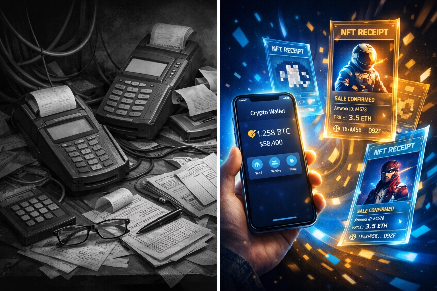 Traditional payment systems versus modern crypto POS with NFT receipt technology comparison