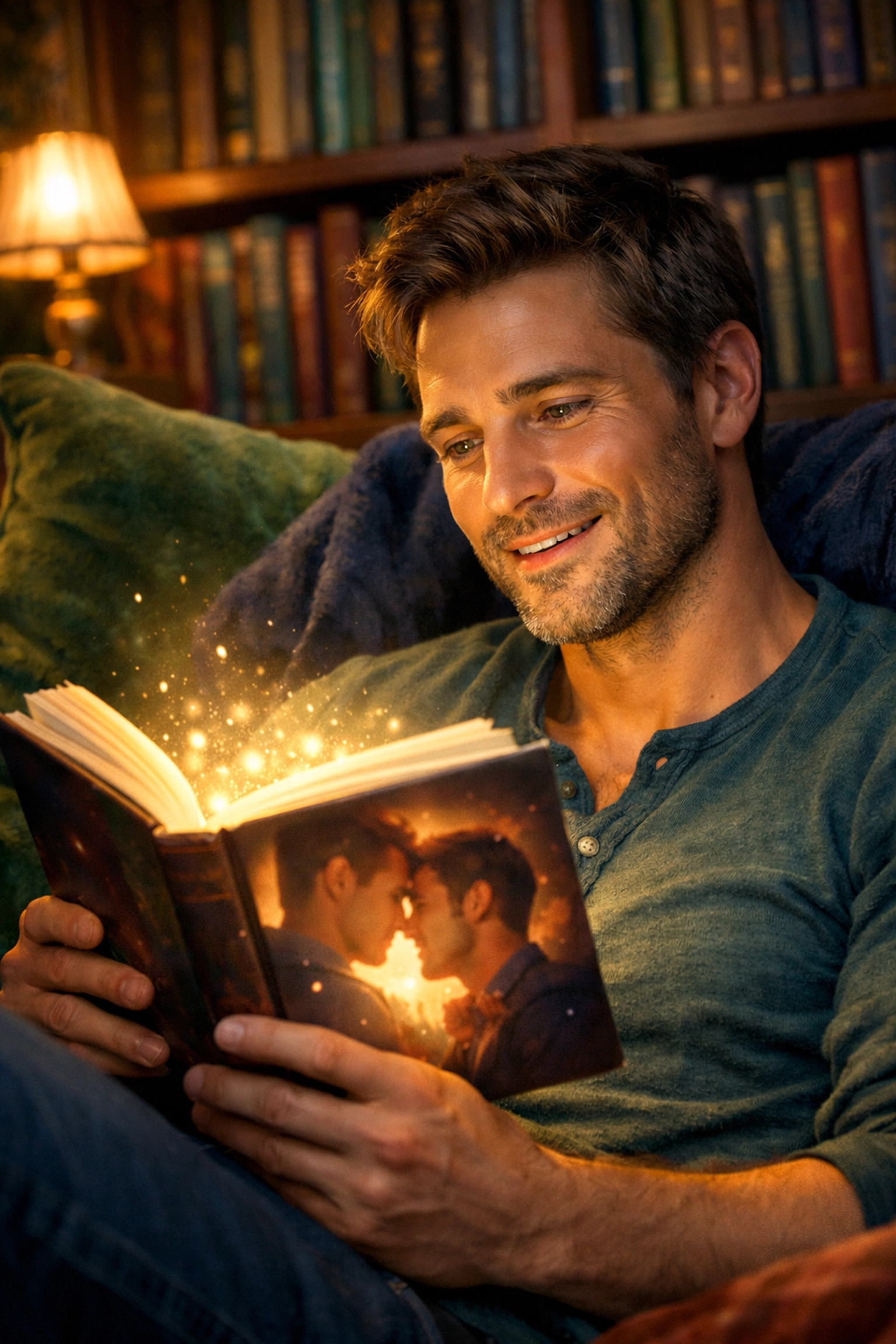 A man enjoying an MM romance book in a library, finding representation in gay fiction.