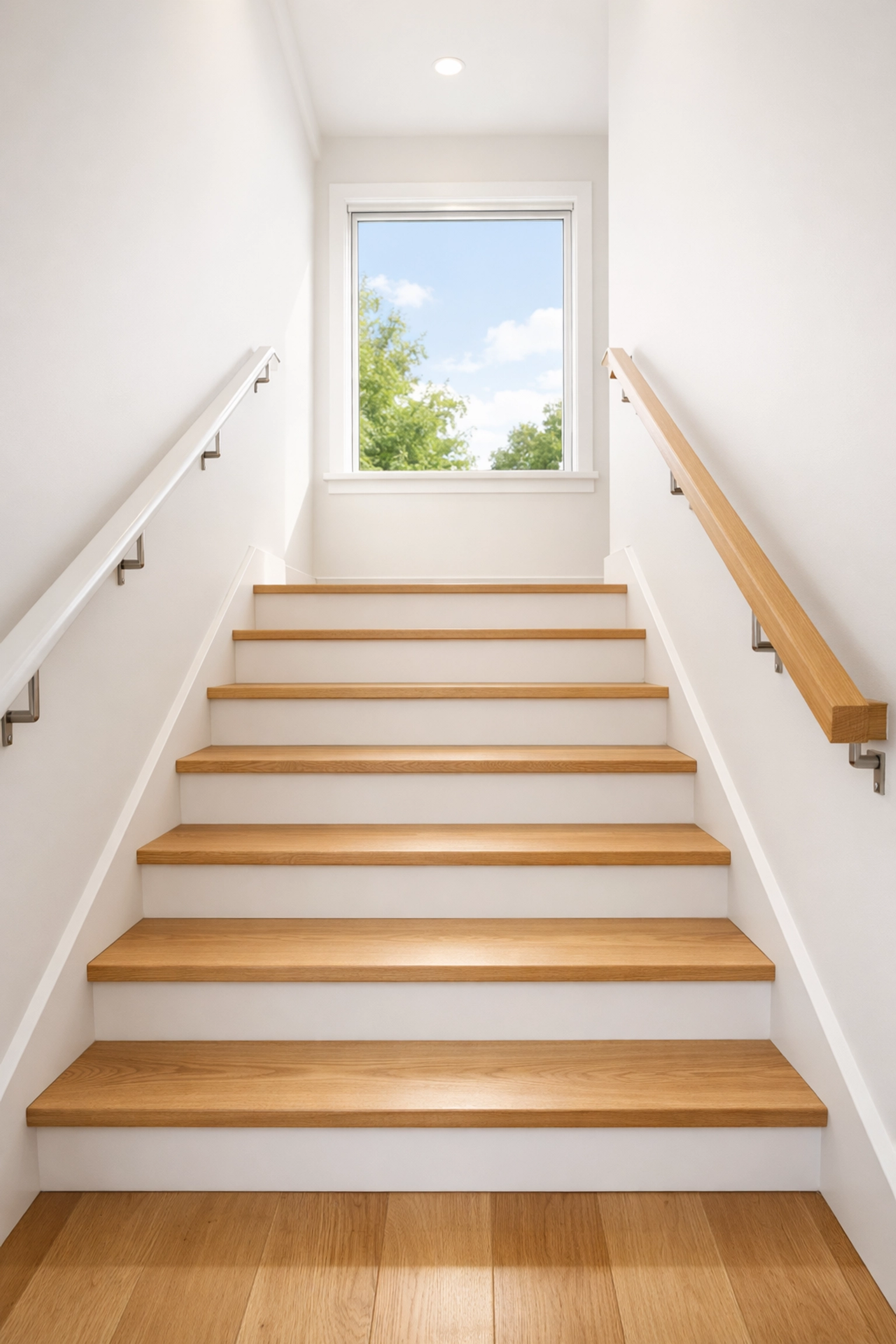 A well-maintained and clutter-free wooden staircase with bright natural lighting for safer navigation.