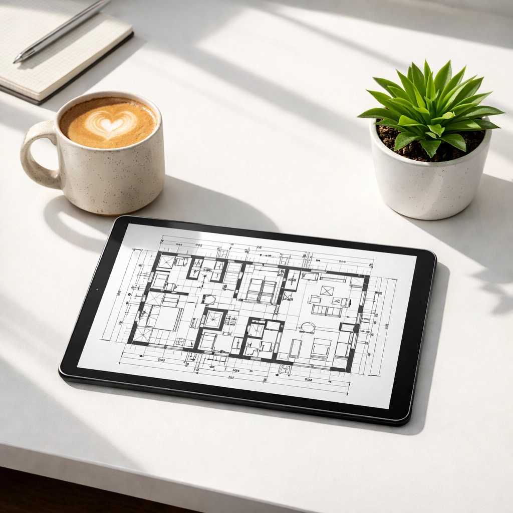 Modern contractor workspace with blueprints showing a professional human touch in local SEO.