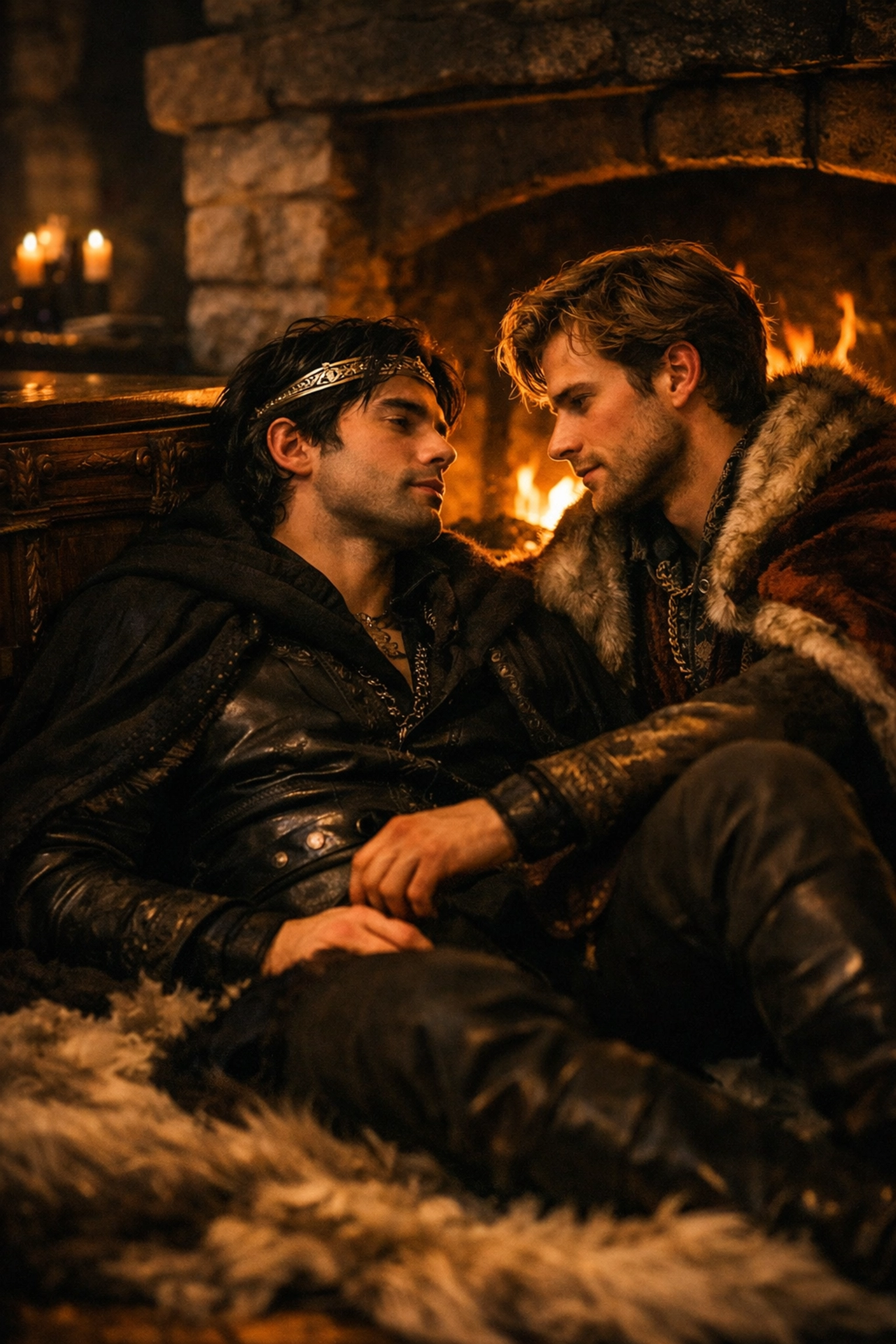 Two kings share an intimate moment by a fireplace, illustrating the forced proximity MM romance trope.