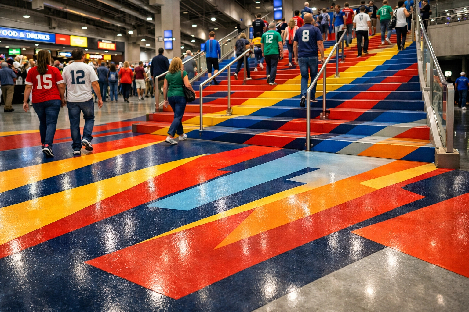 Branded floor graphics and stadium stair wraps capturing fan attention in a busy sports concourse.
