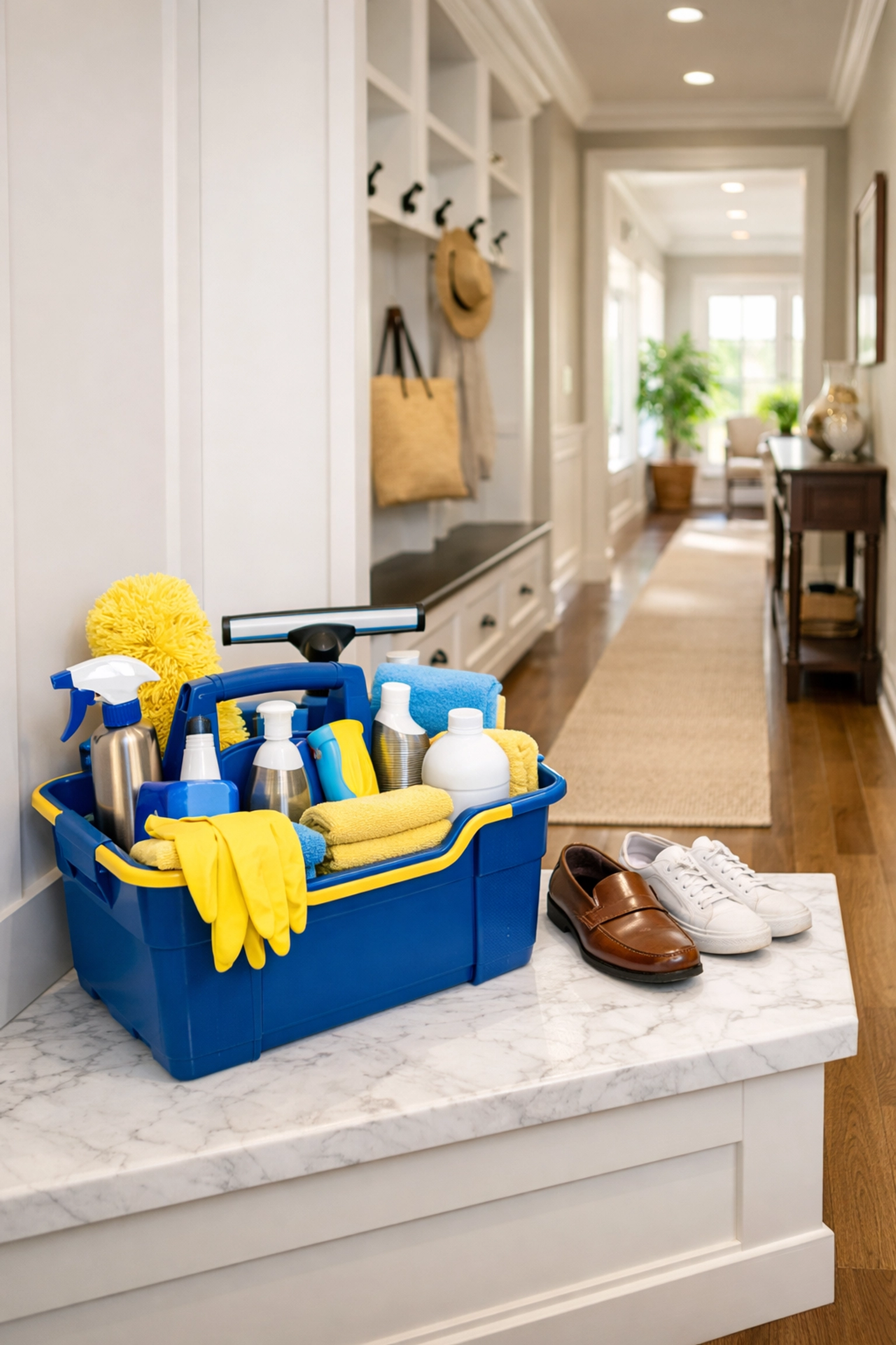 Organized cleaning supplies and a vacuumed hallway by green cleaning services in Lowell MA.