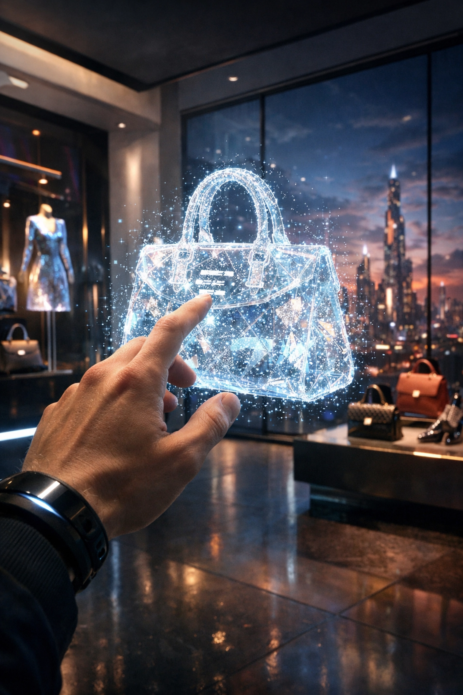 A person interacting with digital assets in a metaverse boutique using smart Web3 payment solutions.