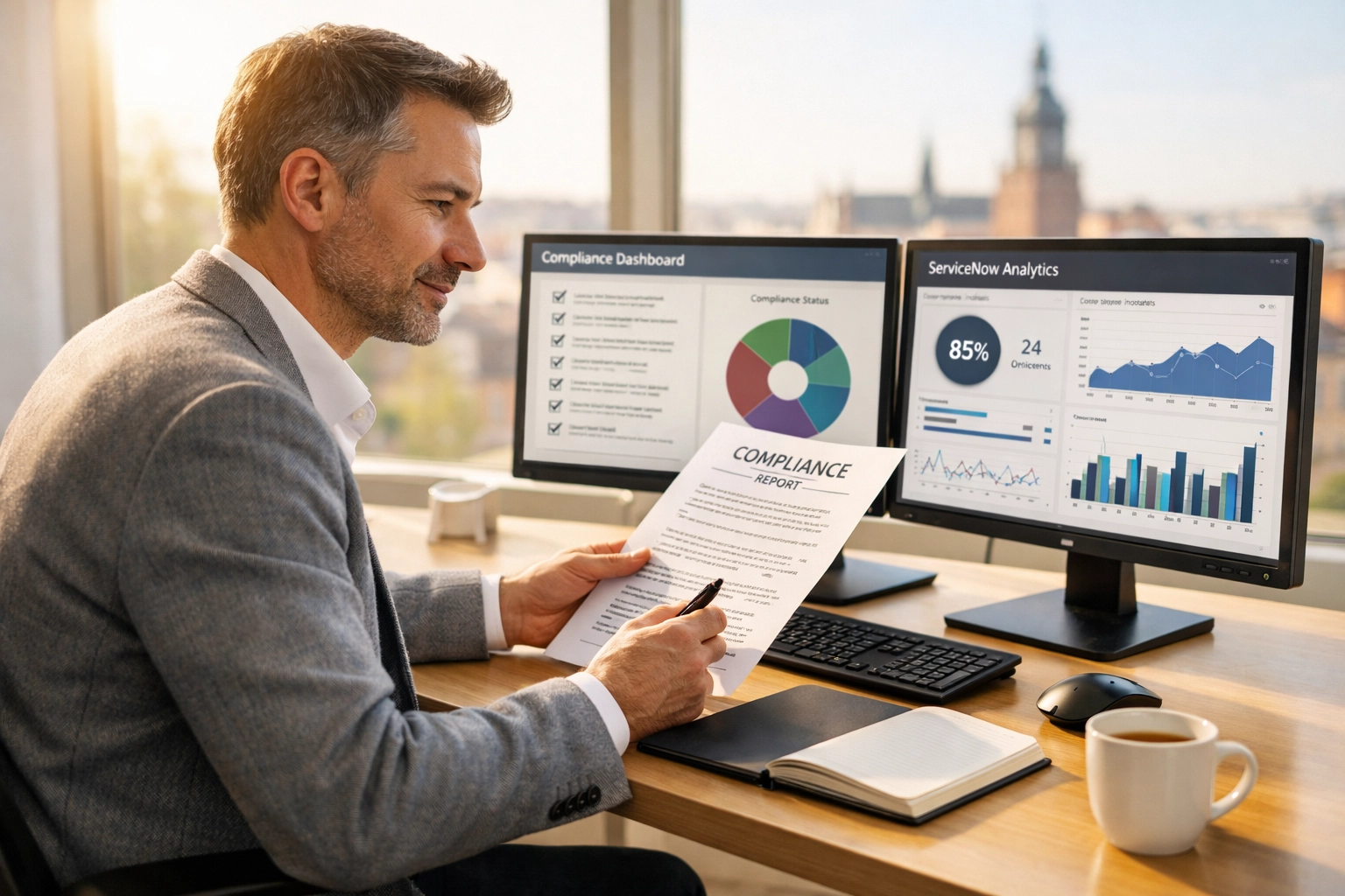 Business executive reviewing ServiceNow ITOM compliance analytics and DORA GDPR requirements