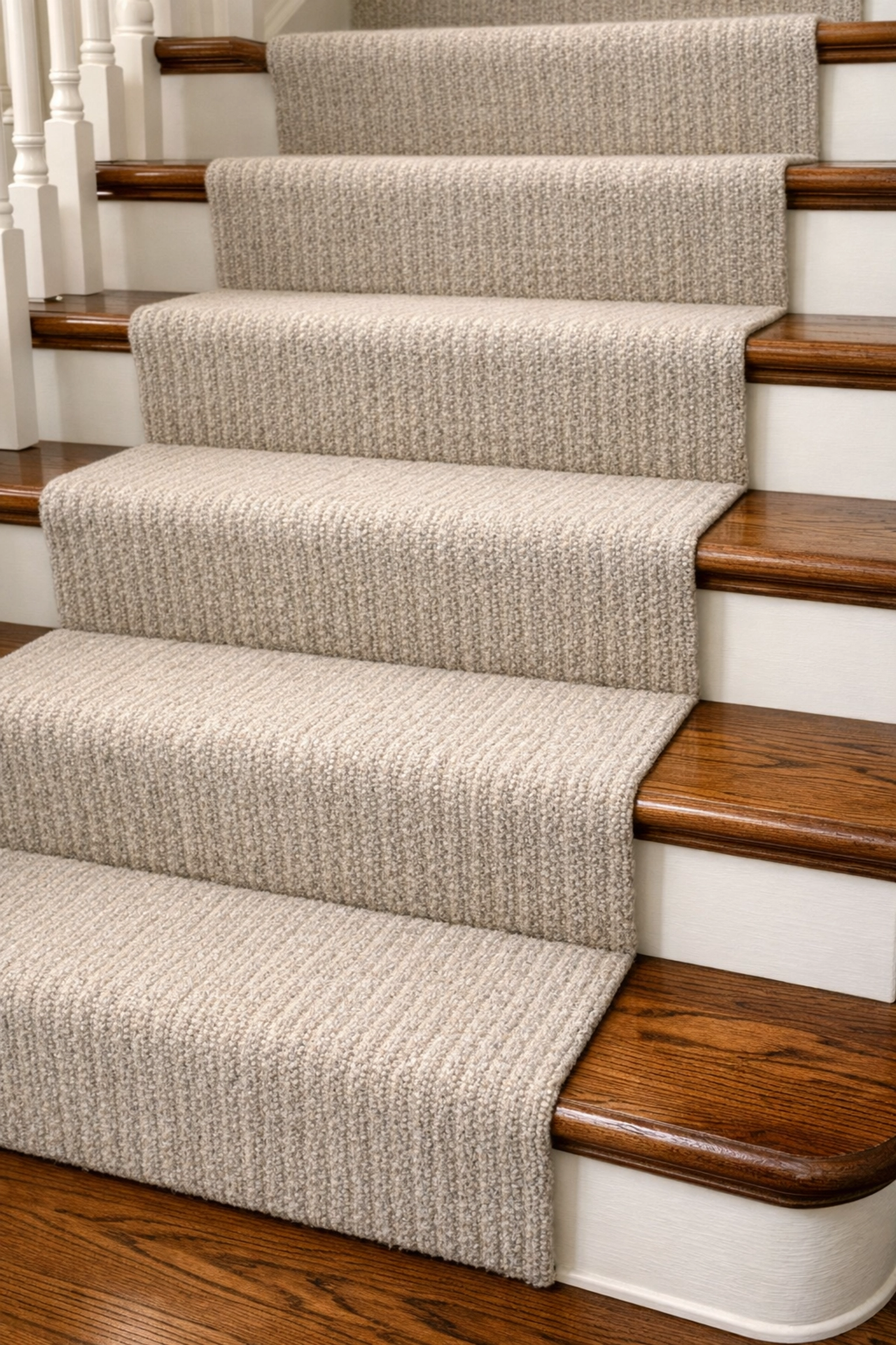 Neutral carpet runner installed on hardwood stairs to provide non-slip traction and prevent falls.
