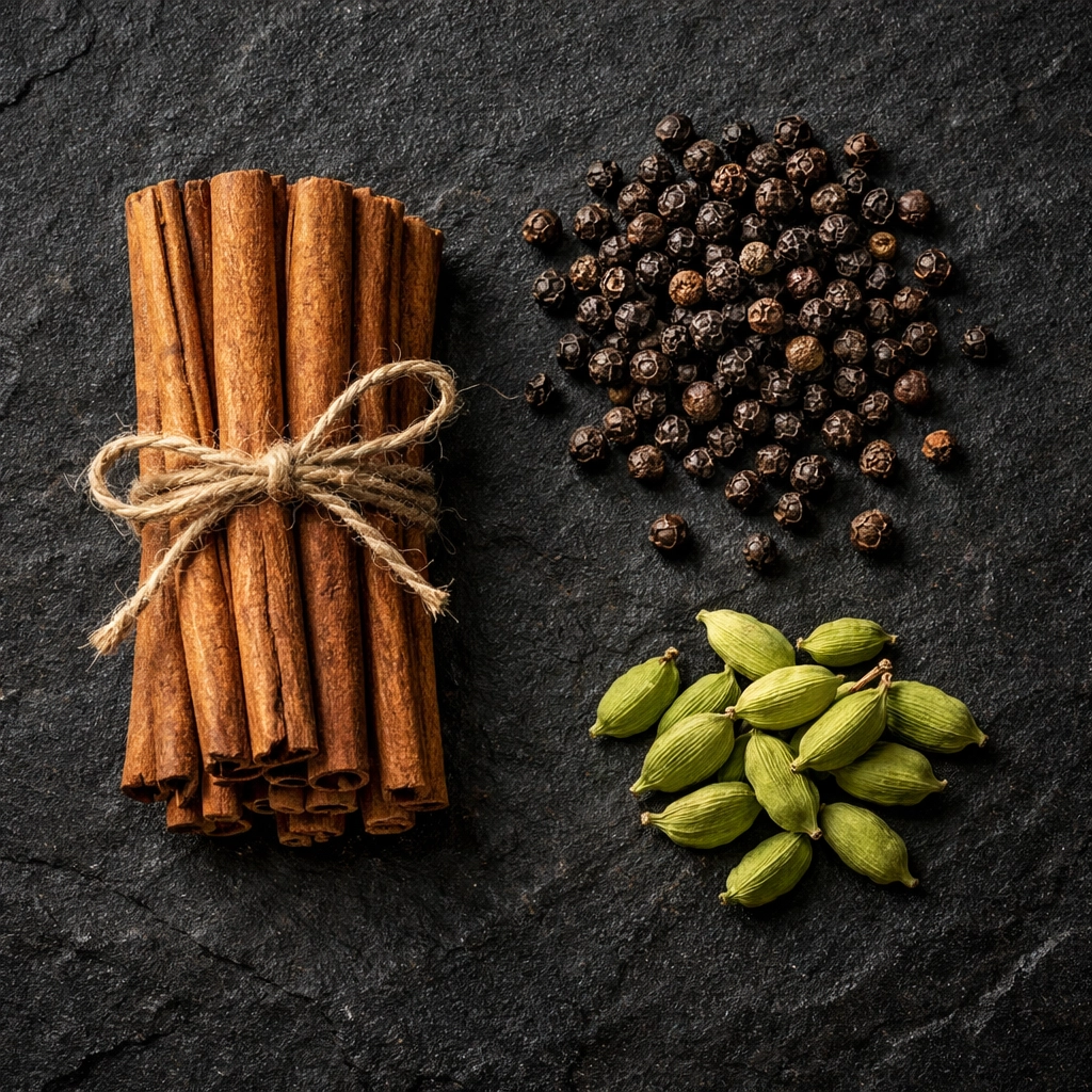 Premium H1 Ceylon cinnamon quills, Tellicherry black pepper, and green cardamom pods on slate.
