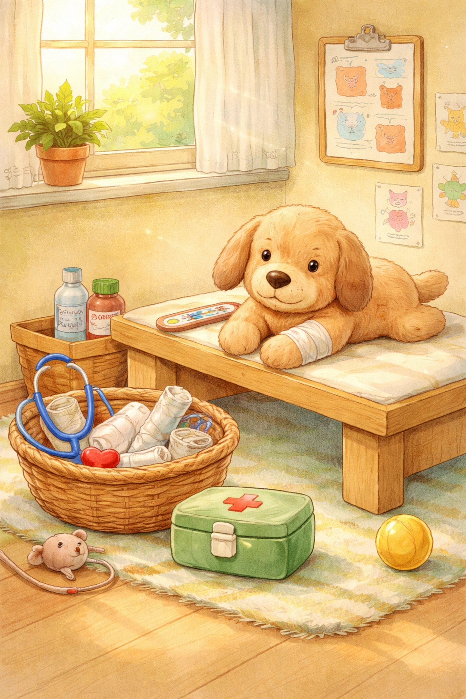 Pretend veterinary exam setup with a stuffed puppy patient, toy stethoscope, and medical supplies.