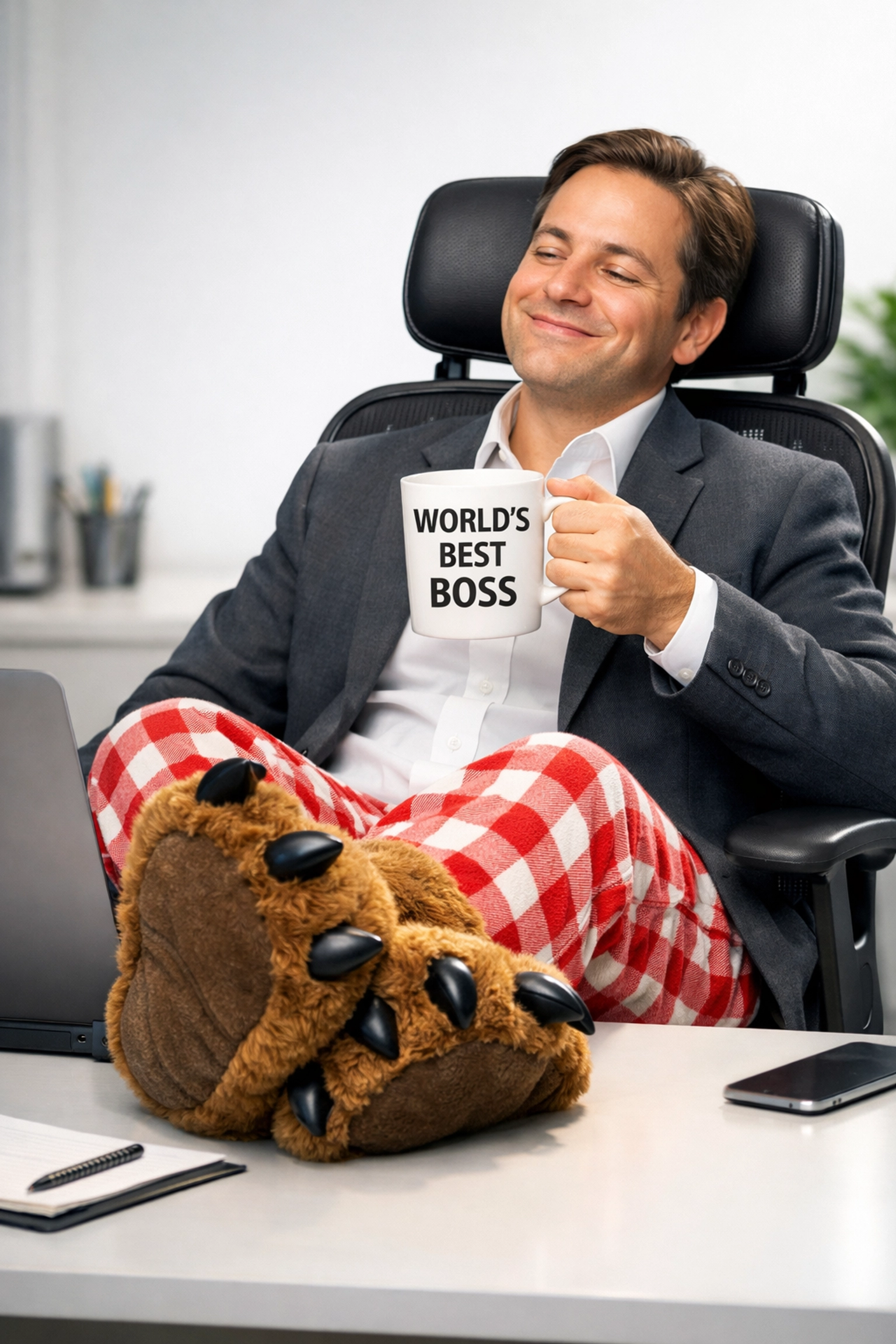 A professional in a blazer and pajamas getting a document notarized online from the comfort of home.