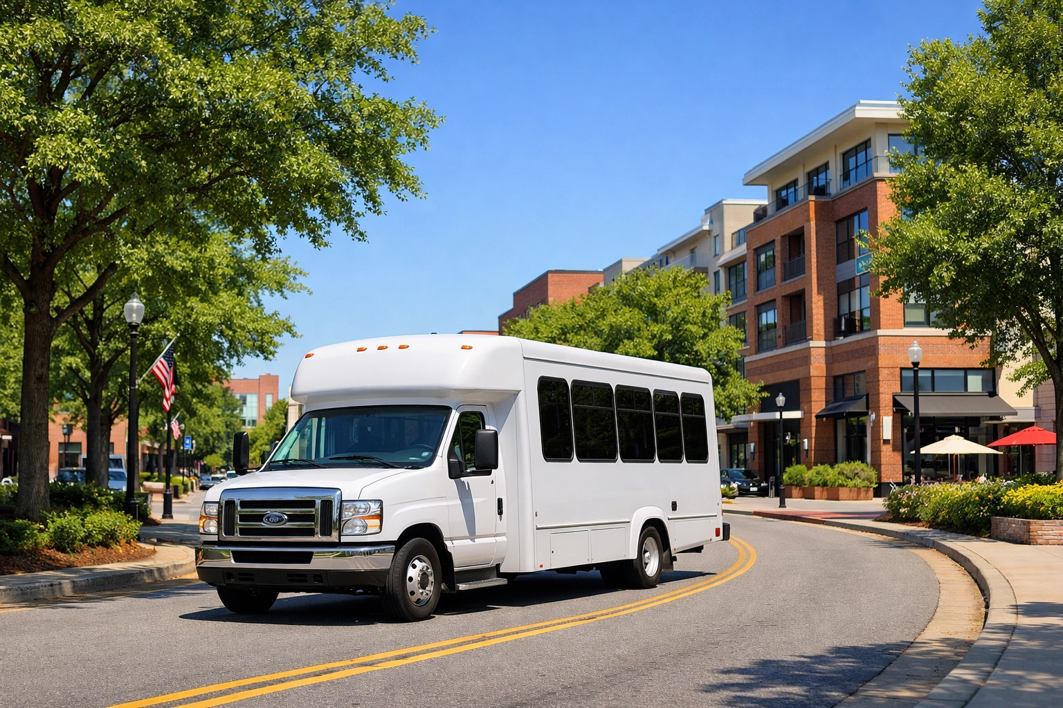 Professional non-emergency medical transportation vehicle driving through a Raleigh Durham neighborhood.