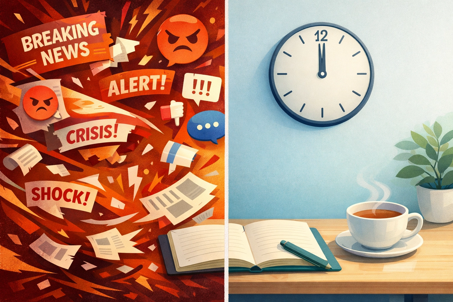 Split view contrasting chaotic news alerts with calm organized workspace at noon