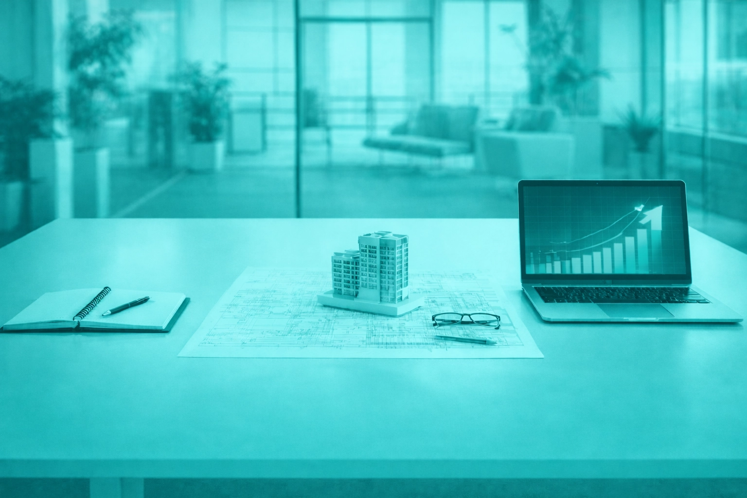 Corporate desk with assessment, design, and scaling tools illustrating a 30-60-90 day AI roadmap