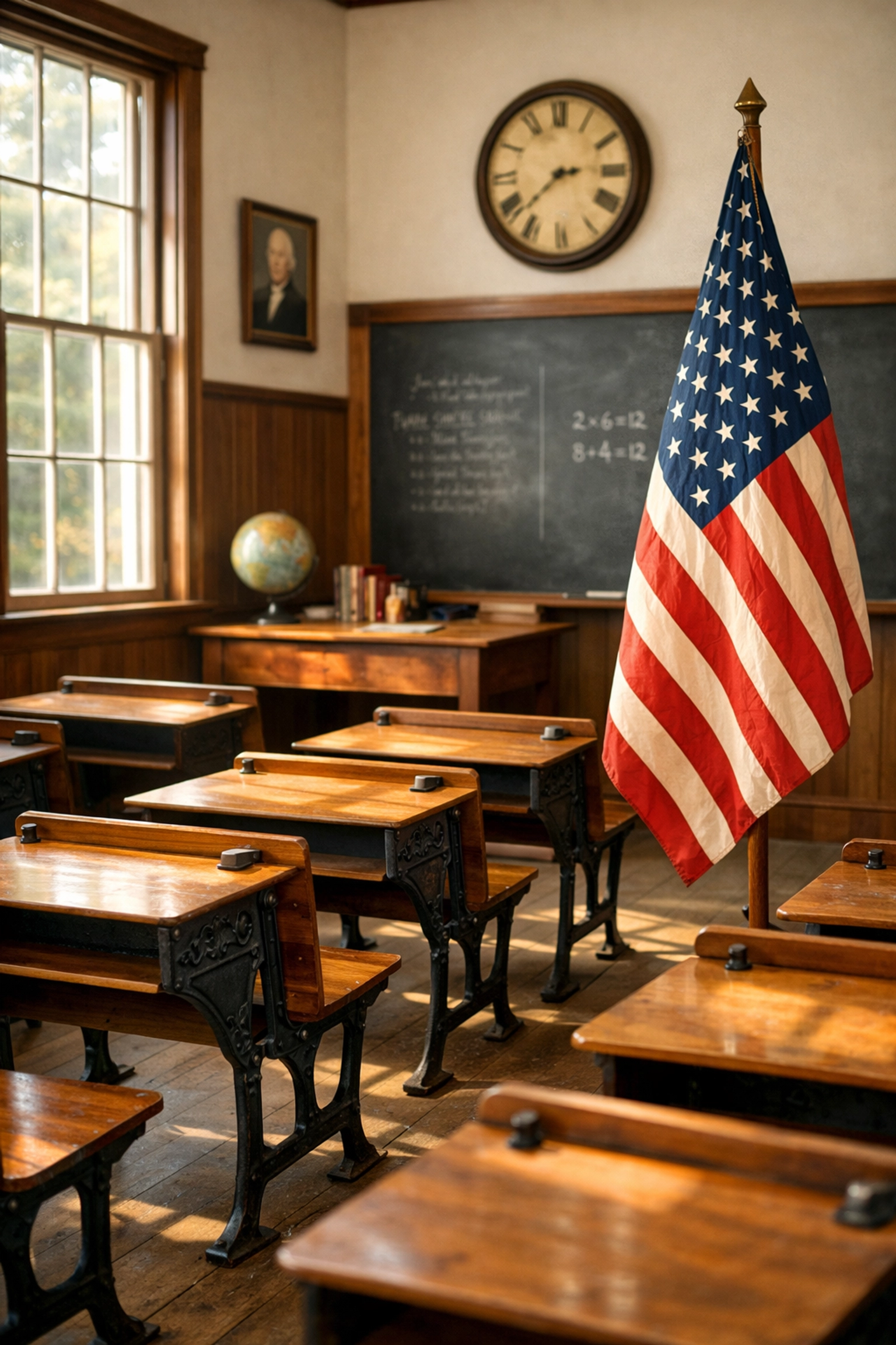 A 19th-century schoolhouse interior featuring a historical American flag during the early Pledge of Allegiance era.