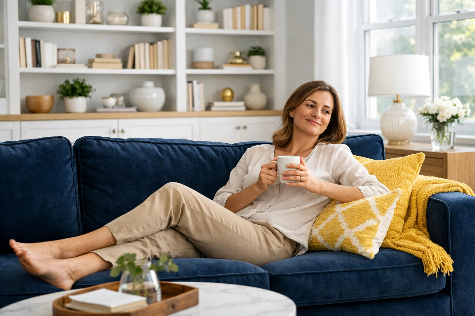 A resident relaxes in a spotless Somerville living room thanks to recurring house cleaning Somerville MA.